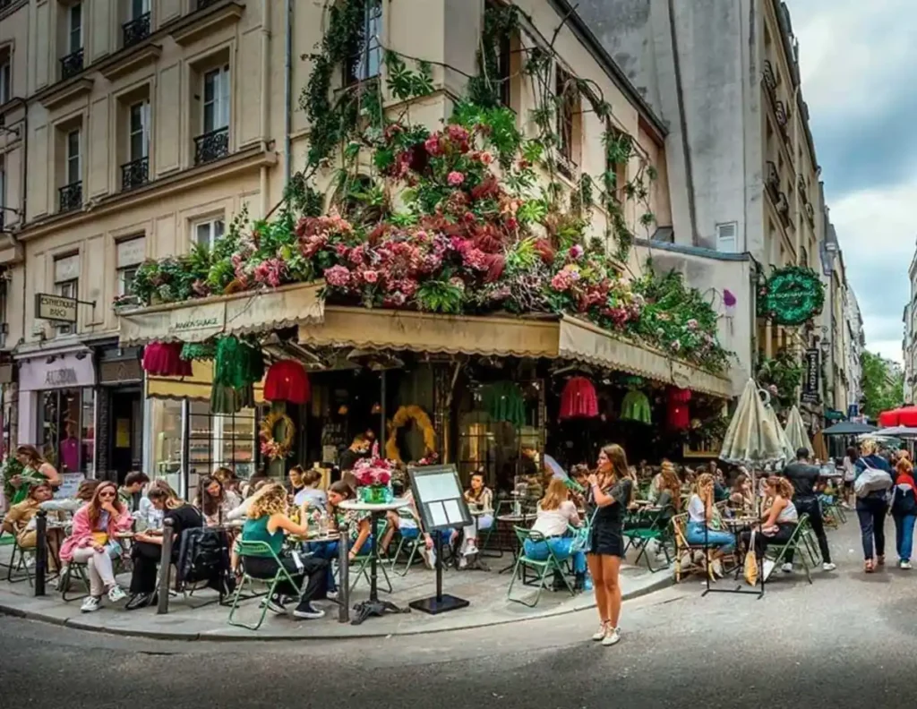Um café florido e movimentado em uma típica esquina parisiense.v