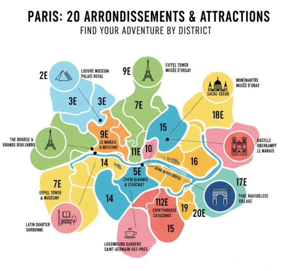 Mapa ilustrado dos arrondissements e principais atrações de Paris.