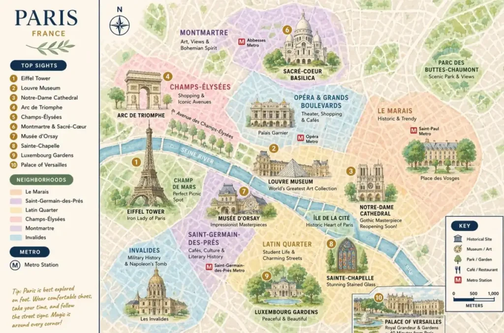 Mapa ilustrado com os principais bairros e pontos turísticos de Paris.