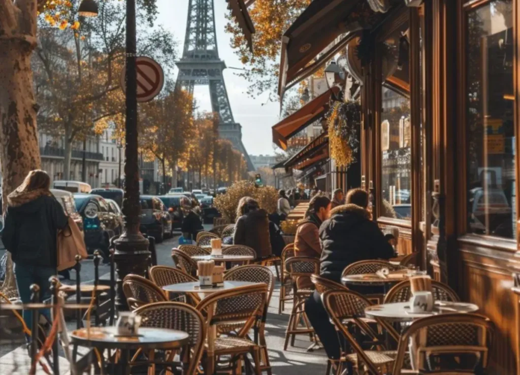 Café de rua com vista para a Torre Eiffel, combinando duas experiências clássicas de uma viagem a Paris.