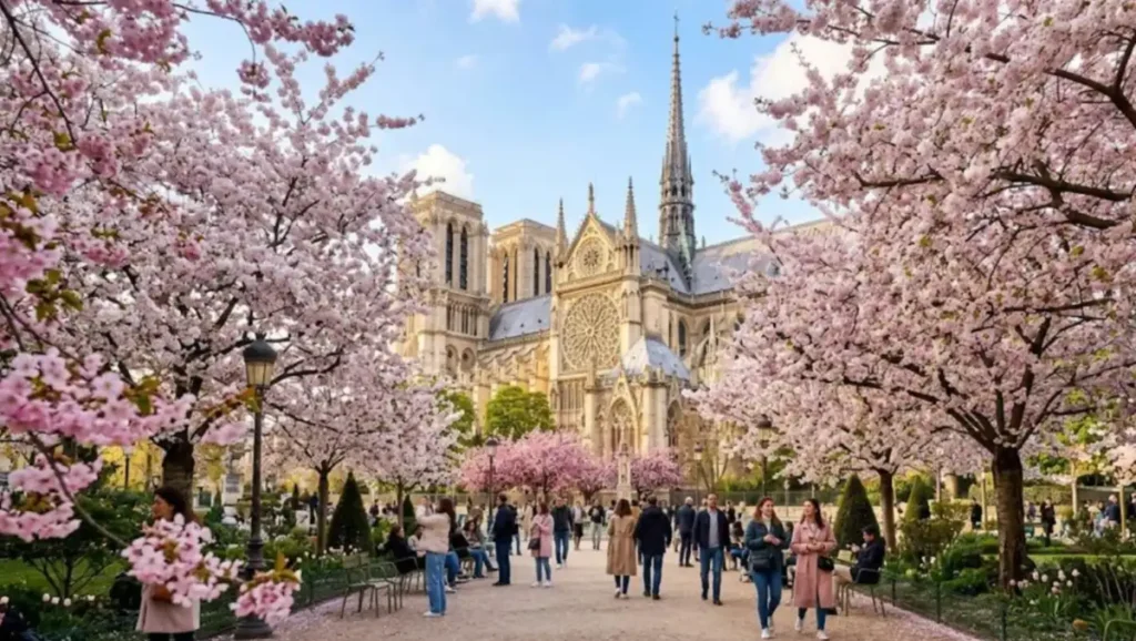 Notre-Dame cercada por cerejeiras floridas na primavera, uma das paisagens mais encantadoras de Paris.