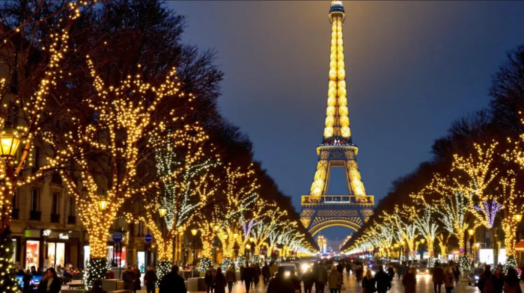 Torre Eiffel iluminada à noite em Paris durante o Natal, cercada por árvores decoradas com luzes natalinas douradas.