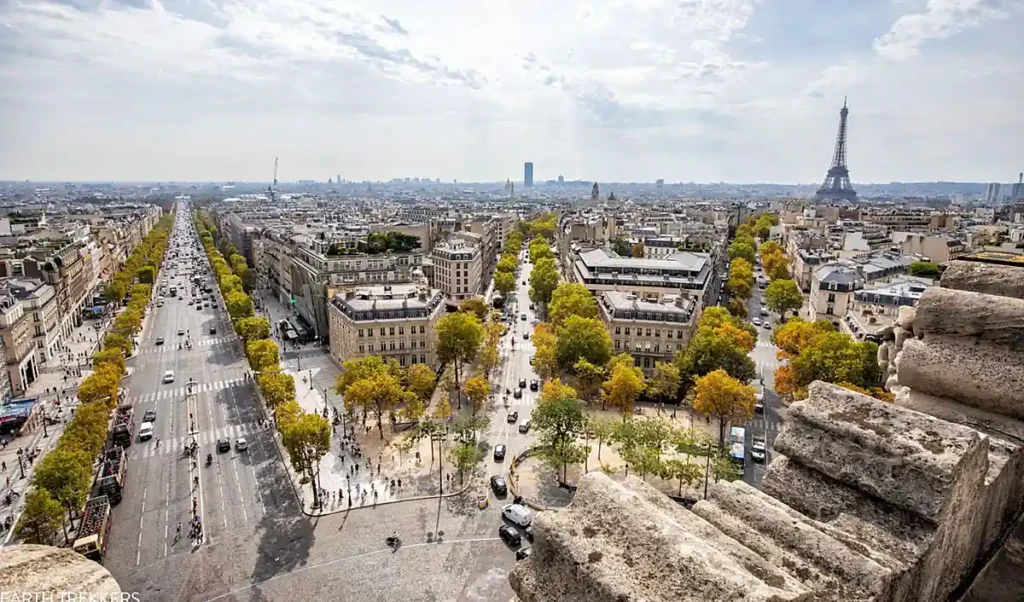 Vista panorâmica de Paris a partir do Arco do Triunfo, com a famosa Avenida Champs-Élysées, a Torre Eiffel e a arquitetura parisiense em destaque.